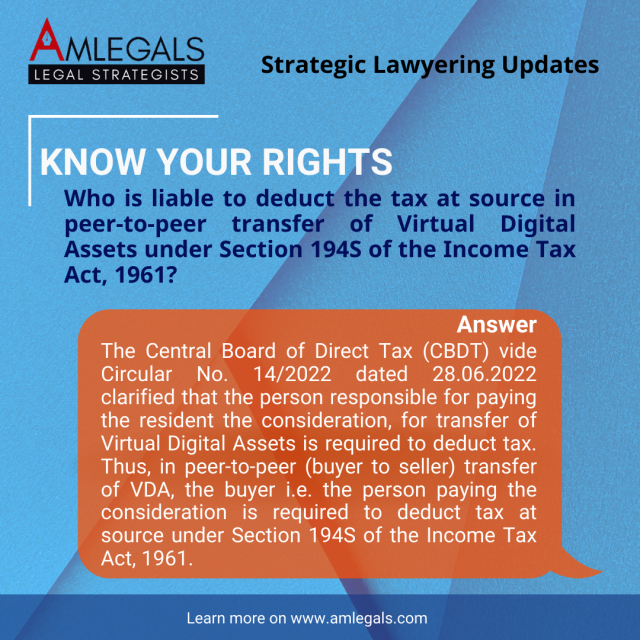 Who is liable to deduct the tax at source in peer-to-peer transfer of Virtual Digital Assets under Section 194S of the Income Tax Act, 1961?