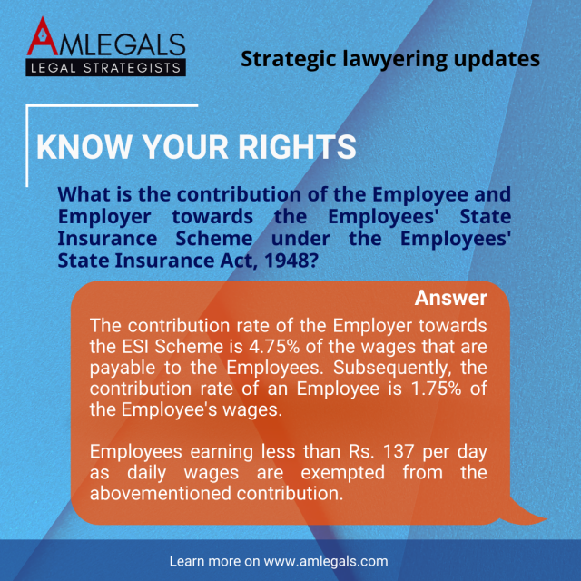 What is the contribution of the Employee and Employer towards the Employees' State Insurance Scheme under the Employees' State Insurance Act, 1948?