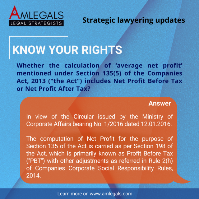 Whether the calculation of ‘average net profit’ mentioned under Section 135(5) of the Companies Act, 2013 ("the Act") includes Net Profit Before Tax or Net Profit After Tax?